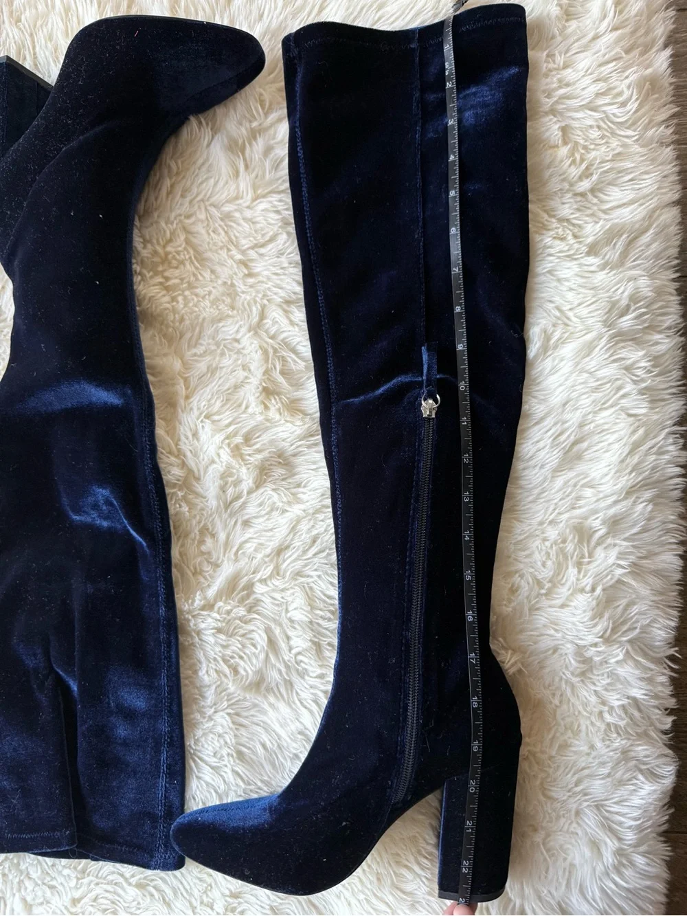 Zara Navy Velvet Over-the-Knee Block Heel Boots